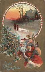 Santa Claus Carrying Christmas Tree and Toys in Snowy Landscape Postcard