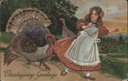 Thanksgiving Greetings Young Girl and Turkeys Postcard
