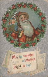 Santa Claus with Address Book, Toys, Holly Wreath Postcard