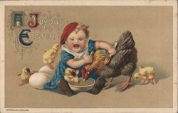 A Joyous Easter Baby Feeding Chickens and Hen Postcard
