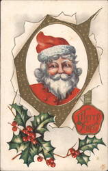 Santa Claus in Oval Frame with Holly and Merry Xmas Postcard