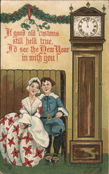 New Year's Greeting with Children, Grandfather Clock, and Poem Postcard