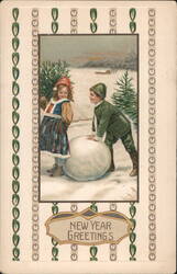 Children Building Snowman, New Year Greetings Postcard
