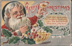 Jolly Santa Claus with Punch Bowl and Glass, Merry Christmas Poem Postcard