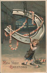 New Year Greetings Boy Swinging on Horseshoe with Flowers Postcard