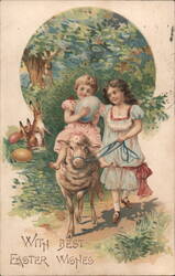 Easter Wishes with Girls, Lamb, and Rabbit Postcard