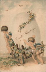 Easter Greetings with Angels Pushing Large Egg on Cart Postcard