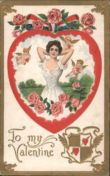 Woman in Heart with Roses and Cherubs, To my Valentine Postcard