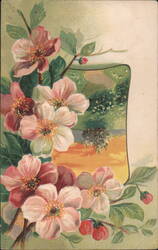 Pink and White Blossoms with Scenic Landscape Inset Postcard