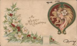 Merry Christmas Woman in Art Nouveau Frame with Holly Postcard