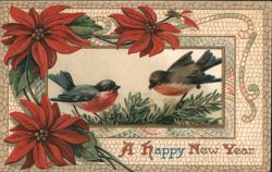 Happy New Year with Birds and Poinsettias Postcard