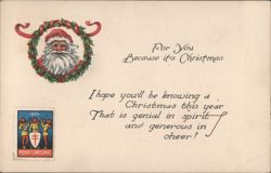 1926 Santa Claus in Holly Wreath Christmas Greetings Postcard