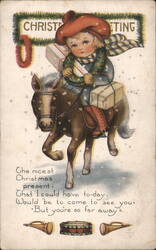 Christmas Greeting Child Riding Horse with Gifts Postcard