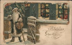 Santa Claus Delivering Gifts to Children, Christmas Greetings Postcard
