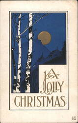 A Jolly Christmas Winter Scene with Birch Trees and Golden Moon Postcard