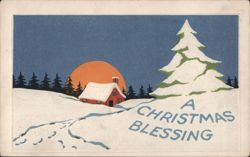 A Christmas Blessing, Snowy House and Christmas Tree Postcard