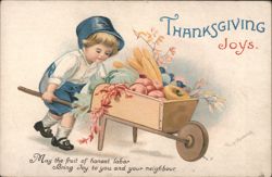 Thanksgiving Joys Boy Pushing Wheelbarrow with Harvest Postcard
