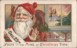 Santa Claus and Elf with DEC. 25TH Scroll, Yours and Mine at Christmas Time Postcard