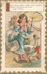 Girl with Goose and Parasol, Goosey Goosey Gander Nursery Rhyme Postcard