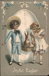 Joyful Easter Children with Bunnies and Large Egg Postcard