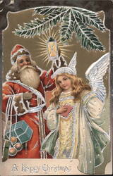 Santa Claus and Angel with Lantern, A Happy Christmas Postcard