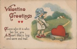 Valentine Greetings Child Pulling Heart Wagon Postcard