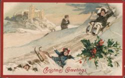 Christmas Greetings: Children Sledding in Snow with Castle Postcard