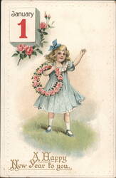 Young Girl in Blue Dress Holding Rose Wreath for New Year Postcard