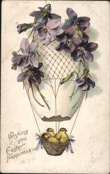 Wishing you Easter Happiness Hot Air Balloon with Violets and Chicks Postcard