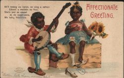 Valentine's Affectionate Greeting, Banjo Playing Children Postcard