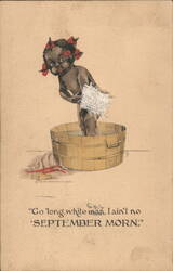 Black Americana Baby in Bathtub 'September Morn' Parody Postcard