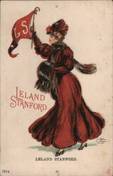 Woman in Red Dress Holding LS Flag for Leland Stanford Postcard