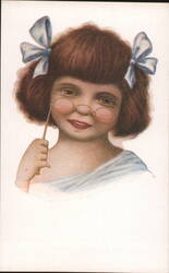 Smiling Girl with Glasses and Blue Bows Holding Pointer Postcard