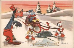 French Disney Donald Duck, Goofy, Huey, Dewey, Louie Sleigh Ride, Heureuse Année Postcard