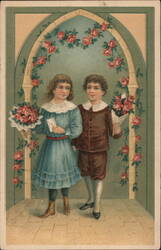 Children with Rose Bouquets Under Archway Postcard