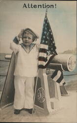 Attention! Child in Sailor Suit Saluting American Flag Postcard