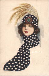Woman with Star Hat, Scarf, and Wheat Stalks Postcard