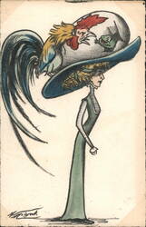 Woman in Elaborate Hat with Rooster and Frog Caricature Postcard