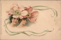 Art Nouveau Women with Pink Flowers Postcard