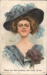 Woman in Blue Hat with Lilacs, 'When you feel naughty Postcard