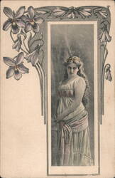 Woman in Classical Dress, Art Nouveau Floral Frame Postcard