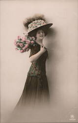 Smiling Woman in Large Floral Hat with Bouquet of Roses Postcard