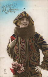 Bonne Année Woman in Art Nouveau Fur-Trimmed Coat Postcard