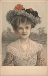 Young Woman in Ruffled Dress and Floral Hat Postcard