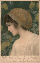 Beautiful Lady with Decorative Head Covering and Yellow Roses Postcard