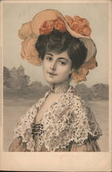 Woman in Large Floral Hat and Lace Shawl Postcard