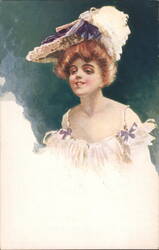 Elegant Woman in White Dress and Ornate Hat with Purple Bows Postcard