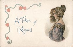 A Token of Regard with Art Nouveau Woman and Hearts Postcard