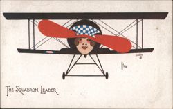 The Squadron Leader, Woman's Face as Biplane with Red Propeller Postcard