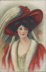Elegant Woman in Red Hat with Feather and Fur Collar Postcard